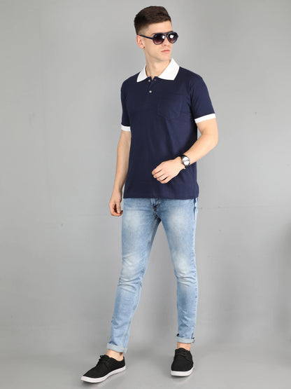 Men's Cotton Plain Polo Neck Half Sleeve Navy Blue Color T-Shirt