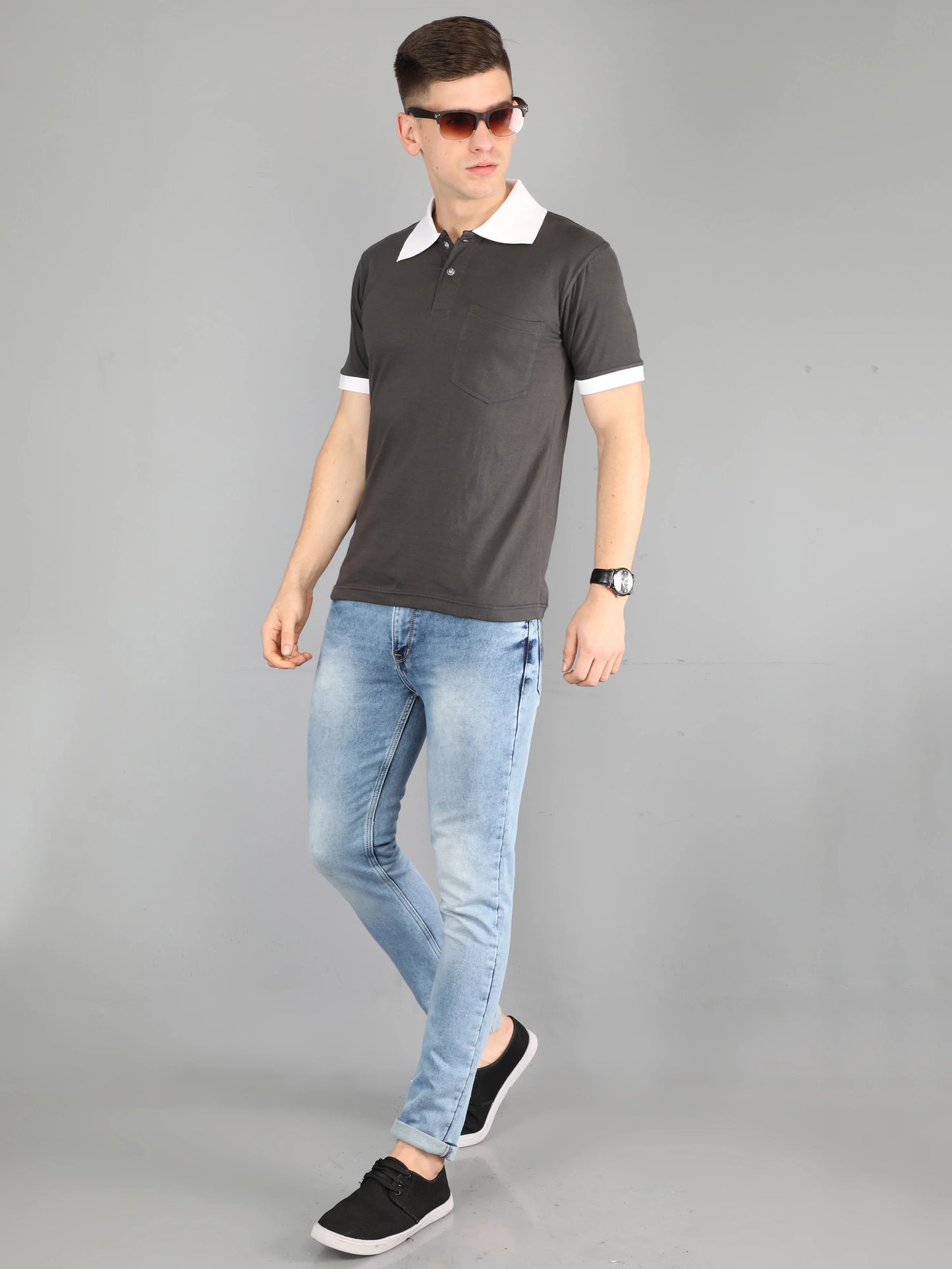 Men's Cotton Plain Polo Neck Half Sleeve Steel Grey Color T-Shirt