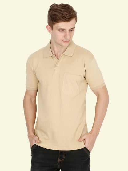 Men's Cotton Plain Polo Neck Half Sleeve Biscuit Color T-Shirt