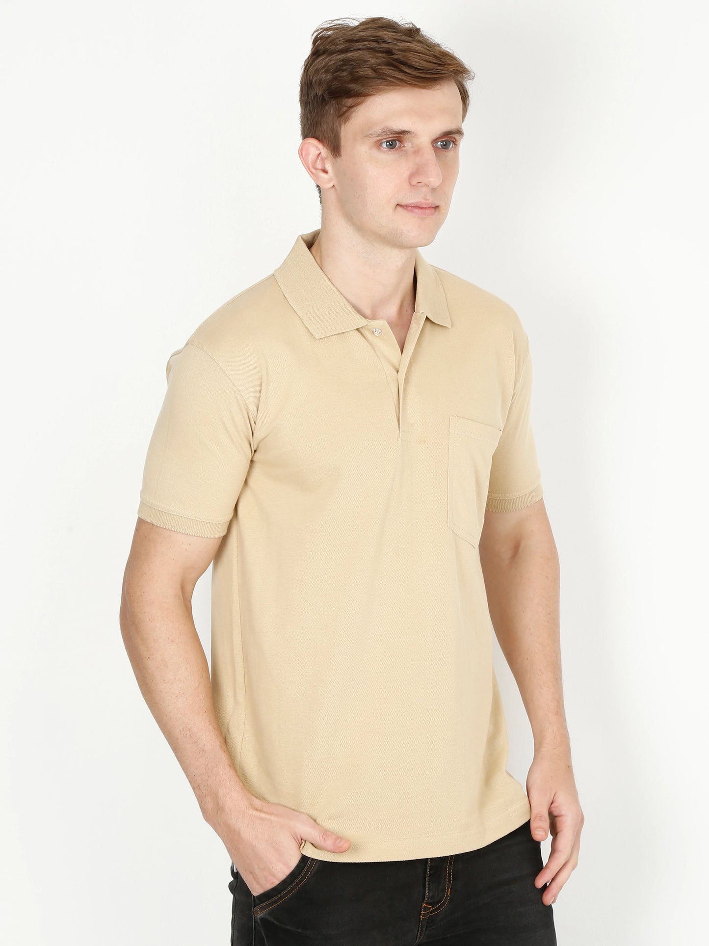 Men's Cotton Plain Polo Neck Half Sleeve Biscuit Color T-Shirt