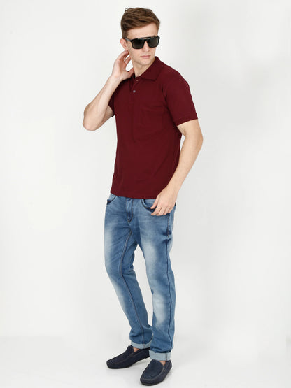 Men's Cotton Plain Polo Neck Half Sleeve Maroon Color T-Shirt