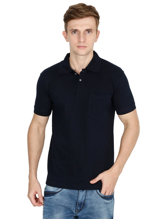 Men's Cotton Plain Polo Neck Half Sleeve Navy Blue Color T-Shirt