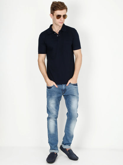 Men's Cotton Plain Polo Neck Half Sleeve Navy Blue Color T-Shirt