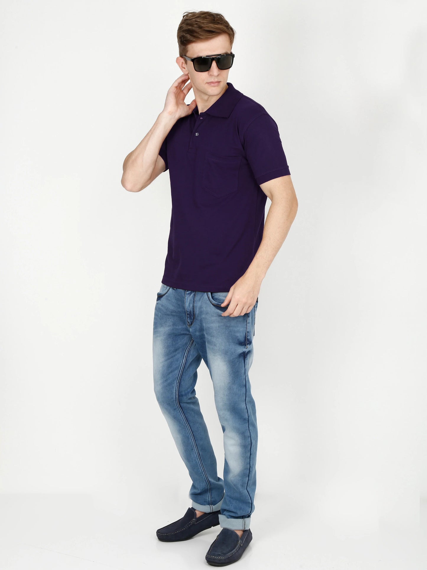 Men's Cotton Plain Polo Neck Half Sleeve Purple Color T-Shirt