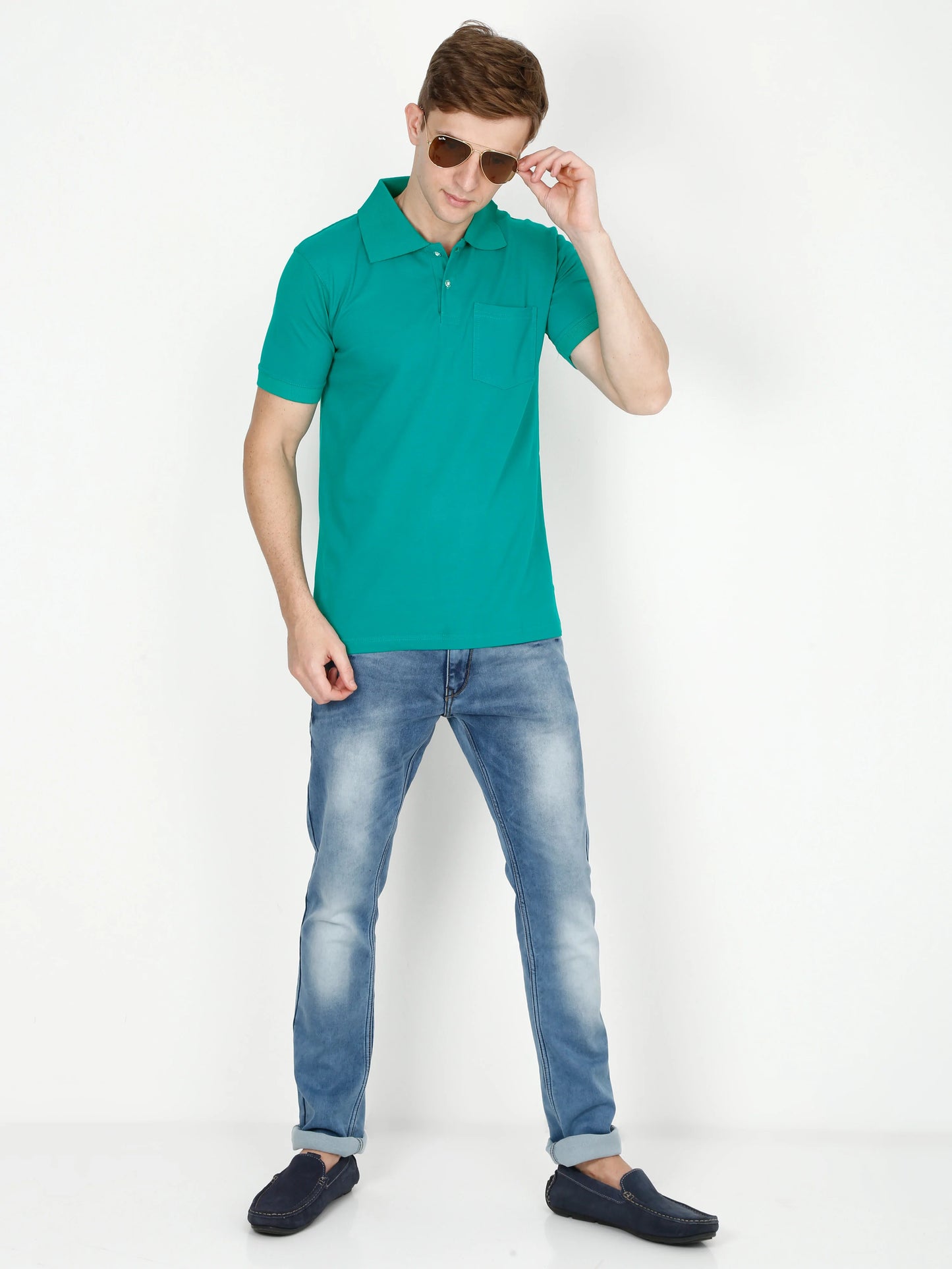 Men's Cotton Plain Polo Neck Half Sleeve Reliance Green Color T-Shirt