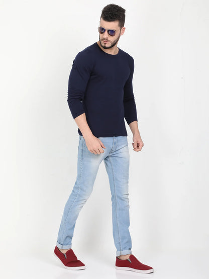 Men's Cotton Plain Round Neck Full Sleeve Navy Blue Color T-Shirt