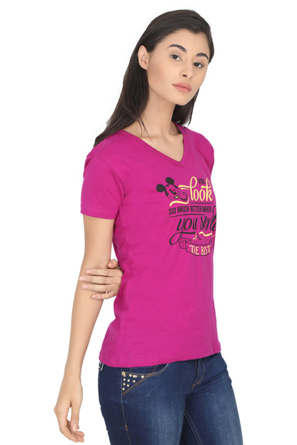 Women's Cotton V Neck Printed Half Sleeve T-Shirt
