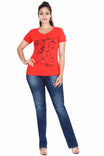 Women's Cotton Round Neck Printed Half Sleeve Coral Red Color T-Shirt