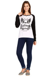 Women's Cotton Printed Raglan Full Sleeve Whiteblack Color T-Shirt