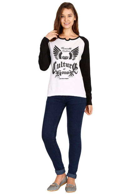 Women's Cotton Printed Raglan Full Sleeve Whiteblack Color T-Shirt