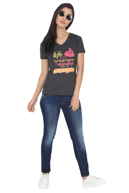 Women's Cotton V Neck Printed Half Sleeve T-Shirt