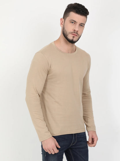 Men's Cotton Plain Round Neck Full Sleeve Biscuit Color T-Shirt