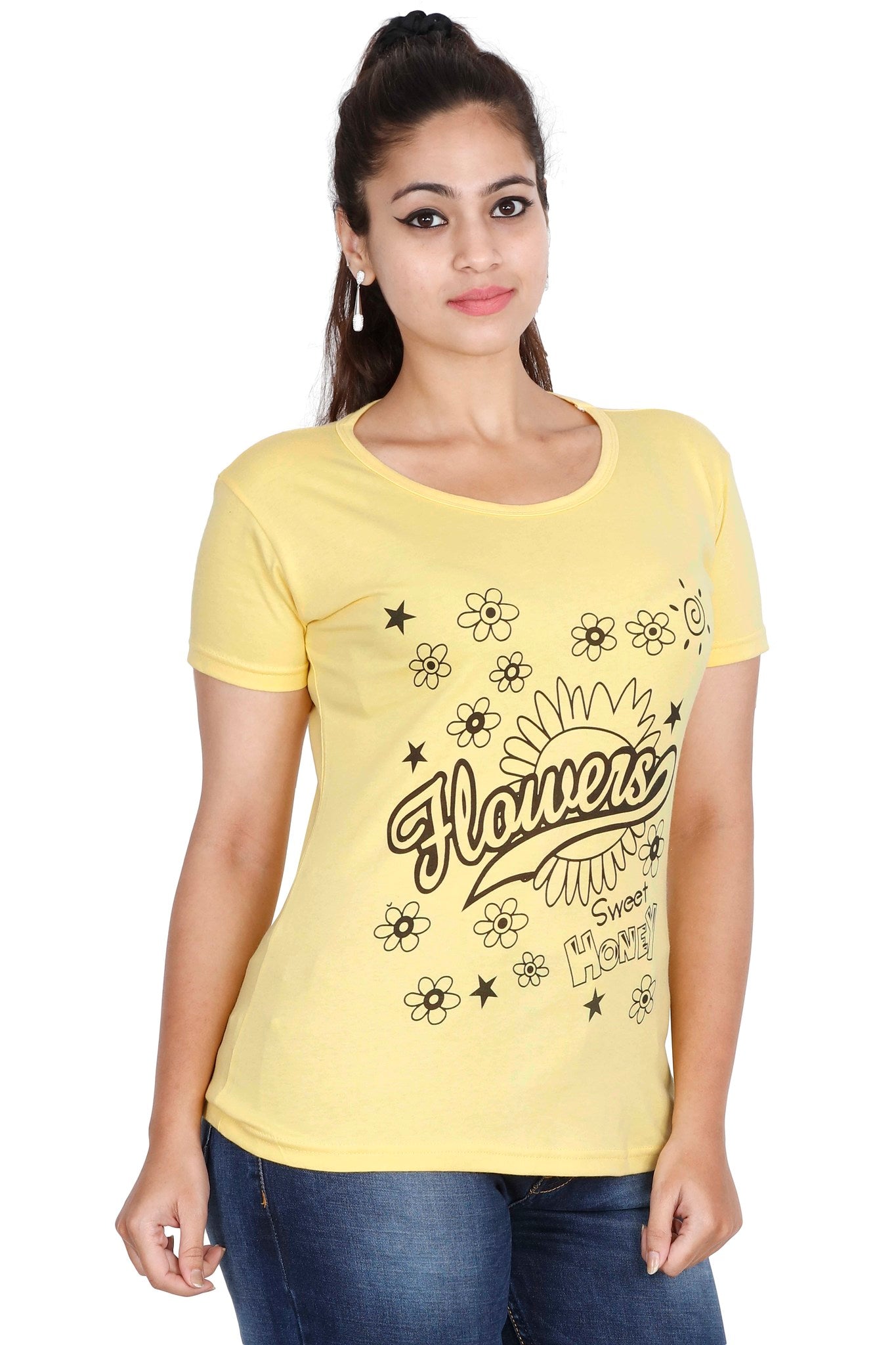 Women's Cotton Round Neck Printed Half Sleeve Yellow Color T-Shirt