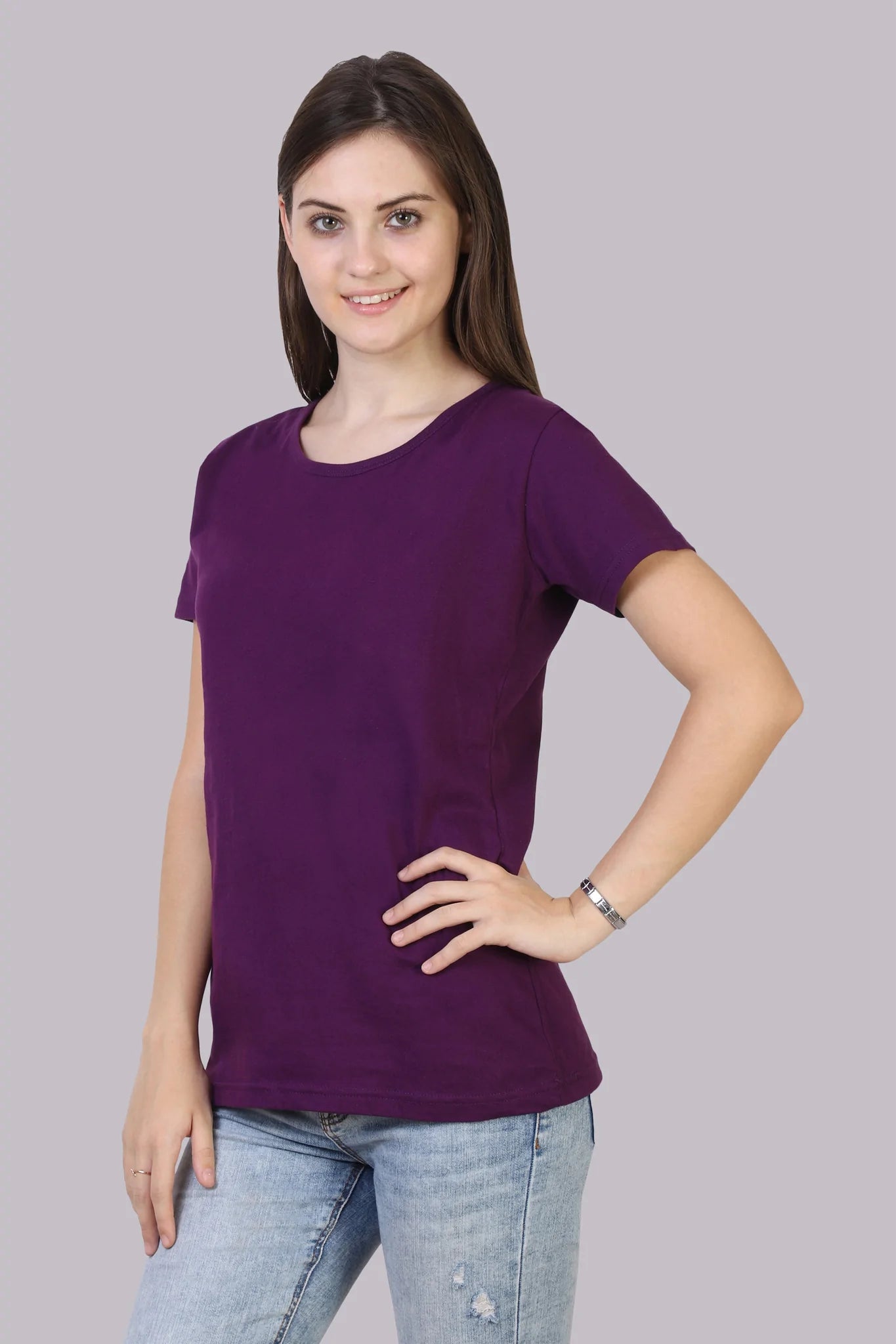 Women's Cotton Plain Round Neck Half Sleeve Purple Color T-Shirt