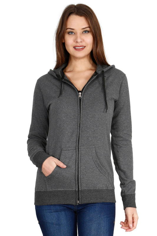 Women's Cotton Plain Full Sleeve Charcoal Melange Color Hoodies/Sweatshirt