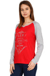 Women's Cotton Printed Raglan Full Sleeve Redgrey Color T-Shirt
