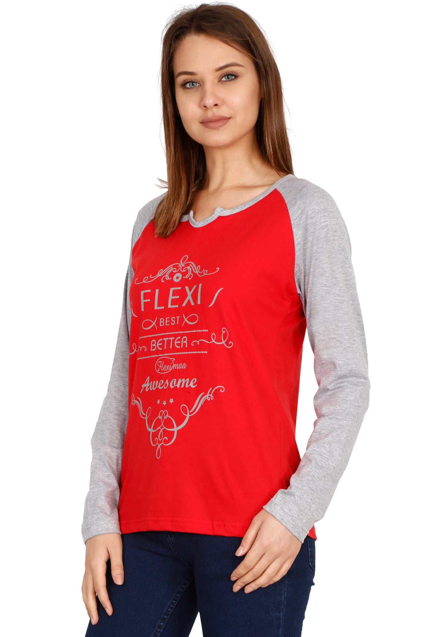 Women's Cotton Printed Raglan Full Sleeve Redgrey Color T-Shirt