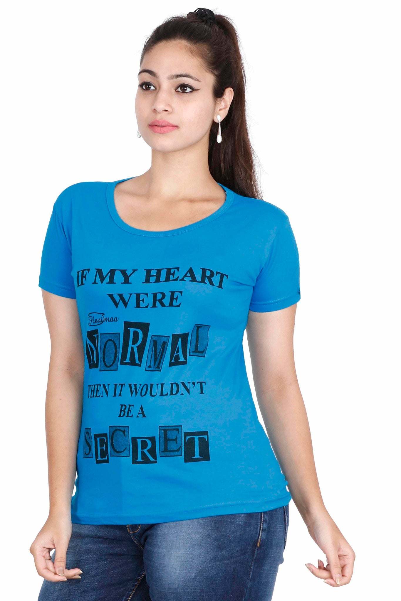 Women's Cotton Round Neck Printed Half Sleeve Blue Color T-Shirt