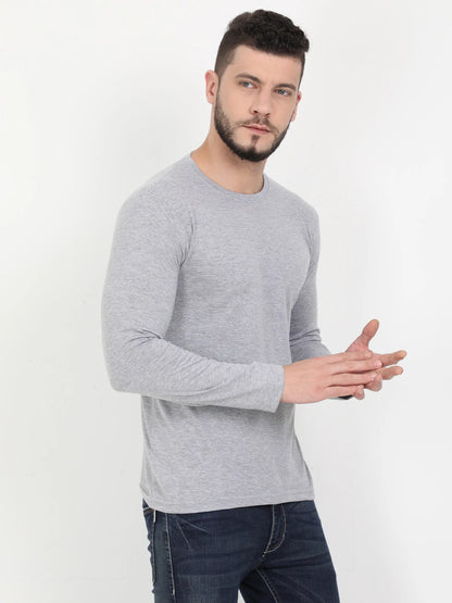 Men's Cotton Plain Round Neck Full Sleeve Grey Melange Color T-Shirt