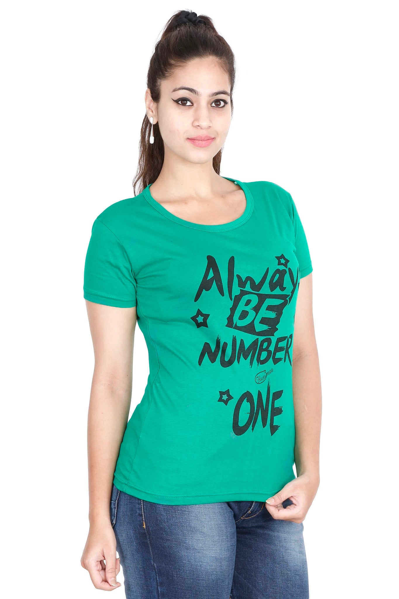 Women's Cotton Round Neck Printed Half Sleeve Pakistan Green Color T-Shirt