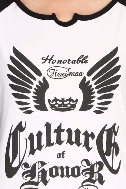 Women's Cotton Printed Raglan Full Sleeve Whiteblack Color T-Shirt