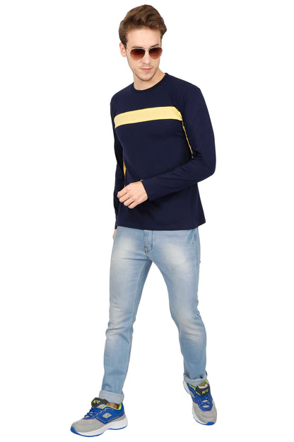Men's Cotton Color Block Round Neck Full Sleeve T-Shirt