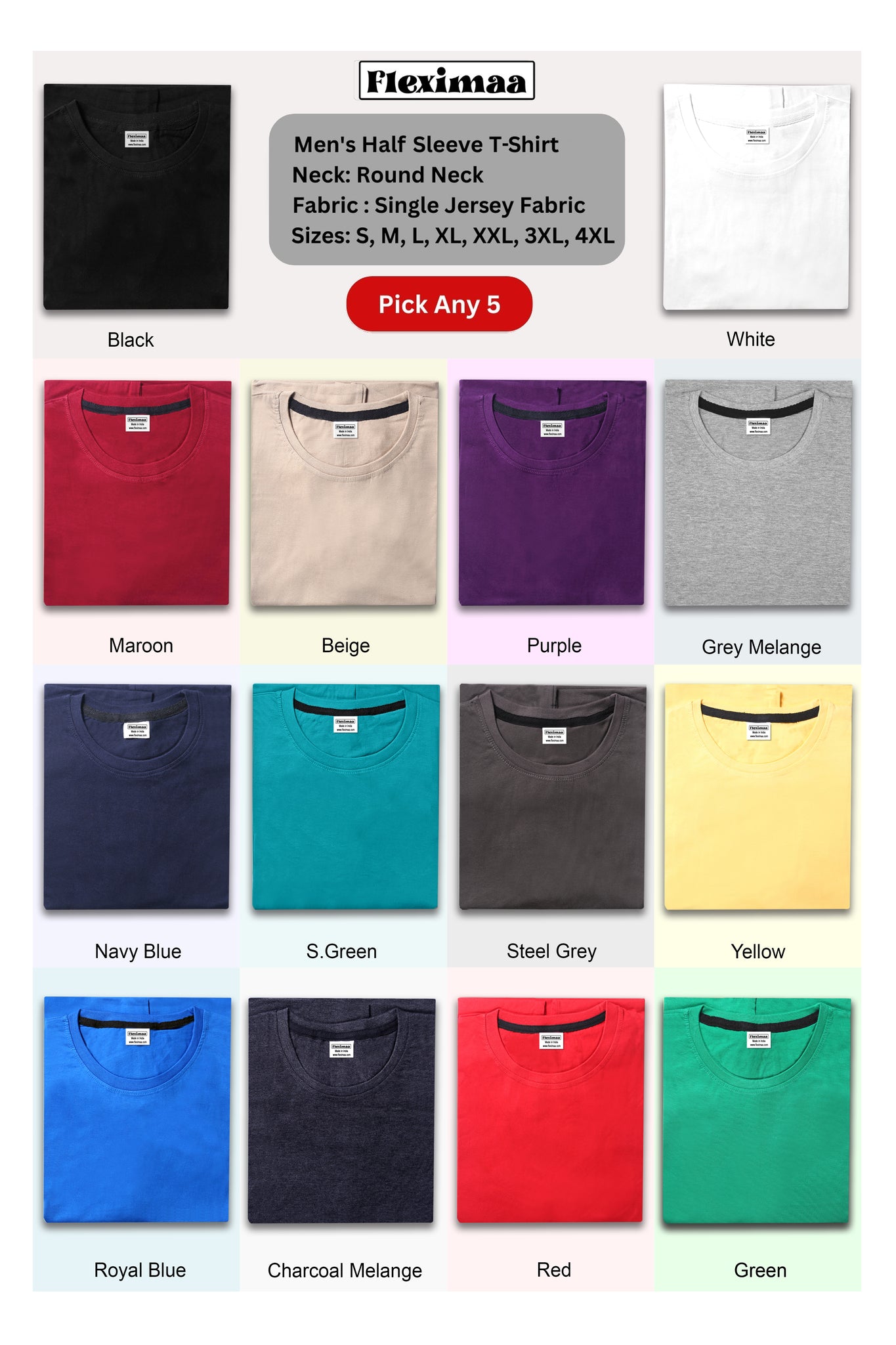 Men's Plain Round Neck T-Shirt Half Sleeve (Pick Any 5)