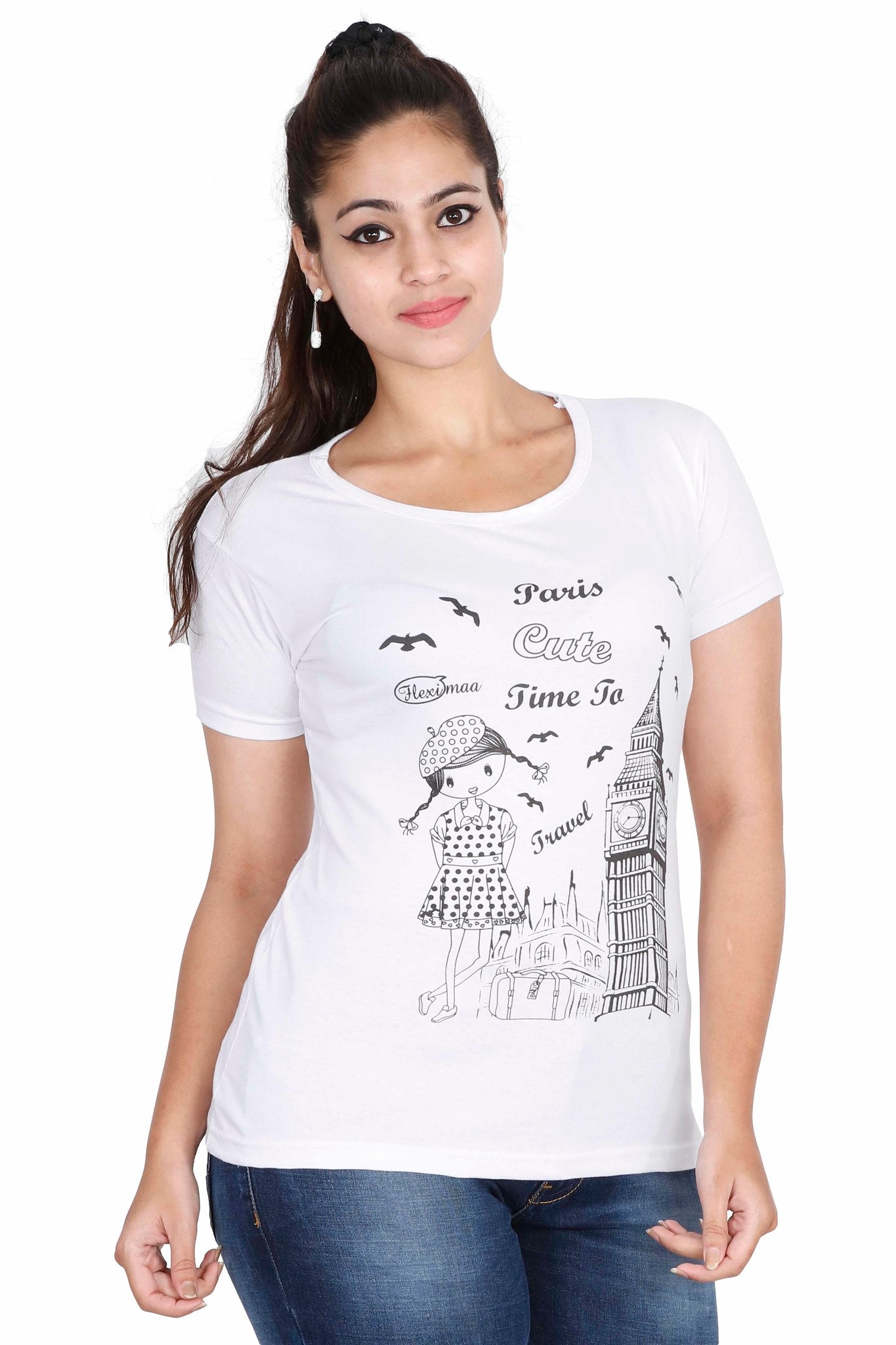 Women's Cotton Round Neck Printed Half Sleeve White Color T-Shirt