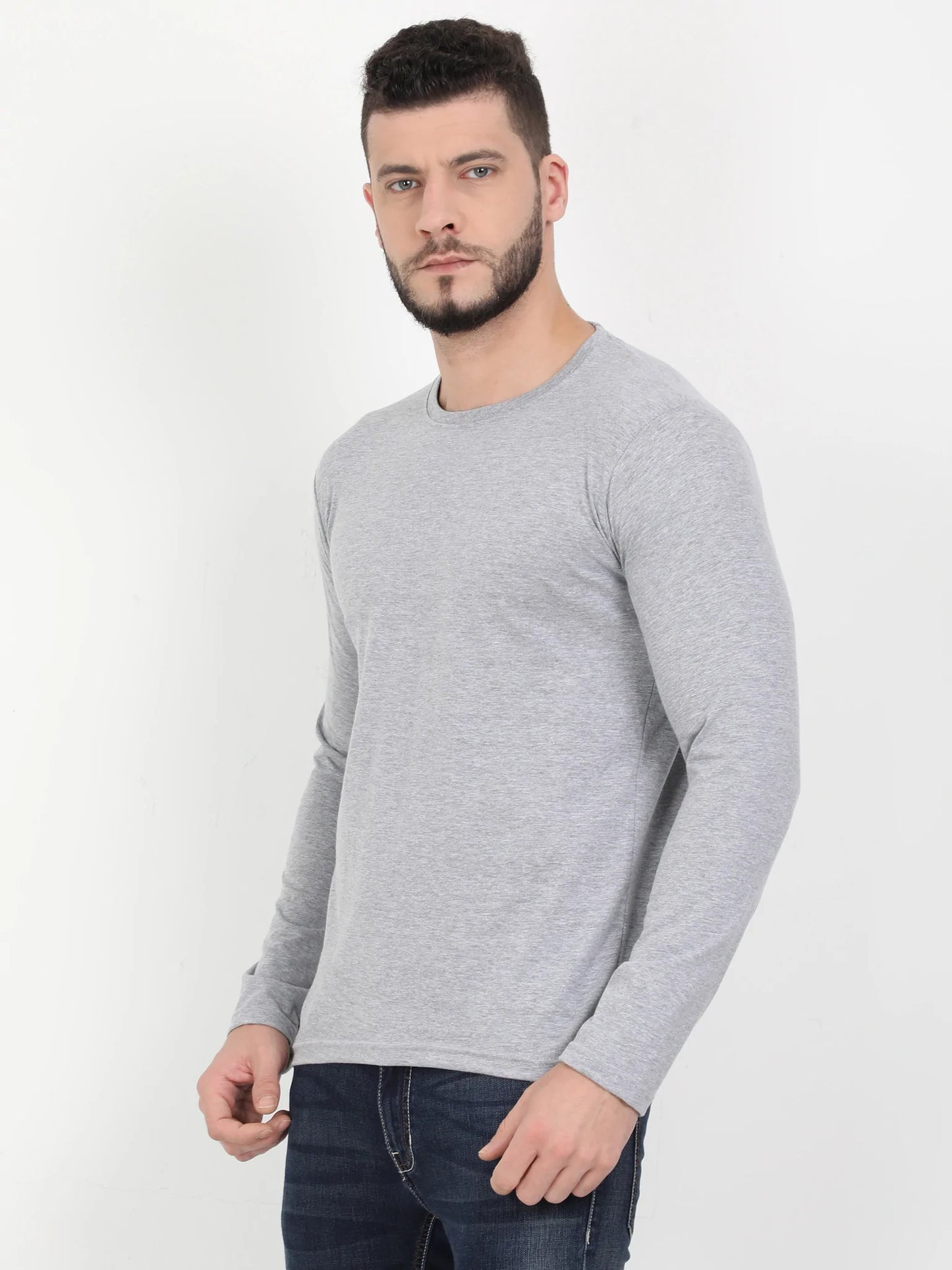 Men's Cotton Plain Round Neck Full Sleeve Grey Melange Color T-Shirt