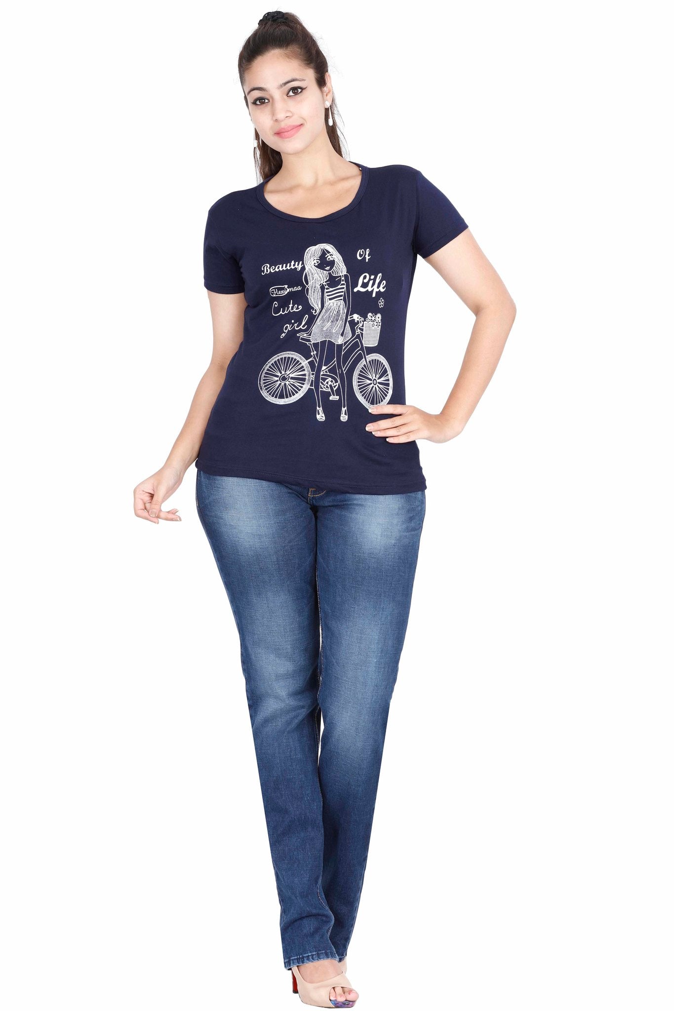 Women's Cotton Round Neck Printed Half Sleeve Navy Blue Color T-Shirt