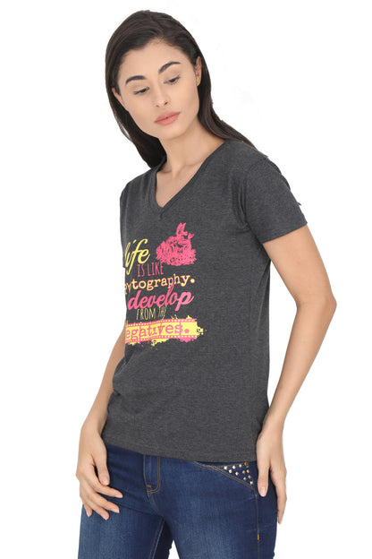 Women's Cotton V Neck Printed Half Sleeve T-Shirt