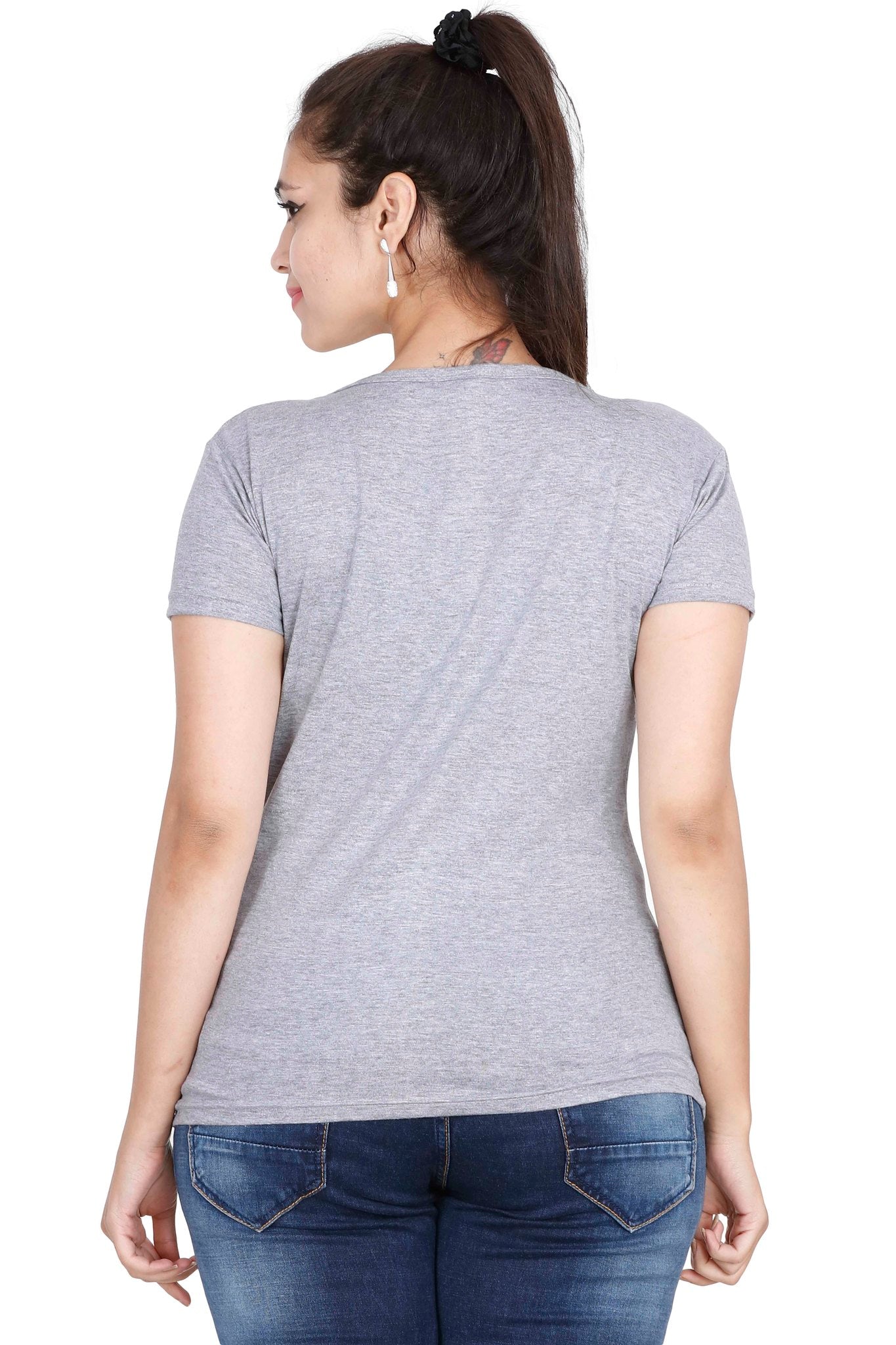 Women's Cotton Round Neck Printed Half Sleeve Grey Melange Color T-Shirt