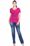 Women's Cotton Round Neck Printed Half Sleeve Magenta Color T-Shirt