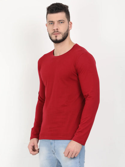 Men's Cotton Plain Round Neck Full Sleeve Maroon Color T-Shirt
