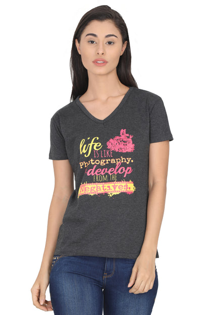 Women's Cotton V Neck Printed Half Sleeve T-Shirt