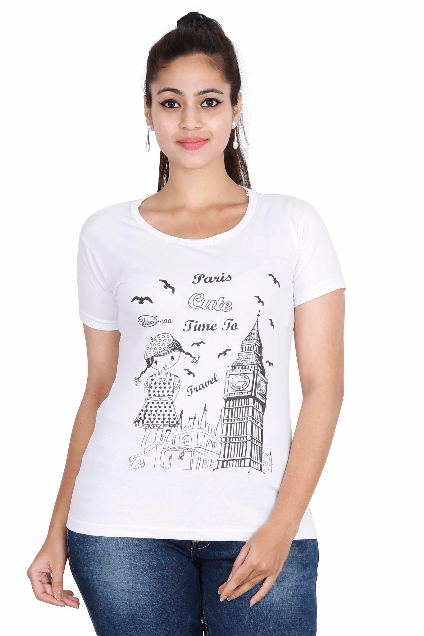 Women's Cotton Round Neck Printed Half Sleeve White Color T-Shirt