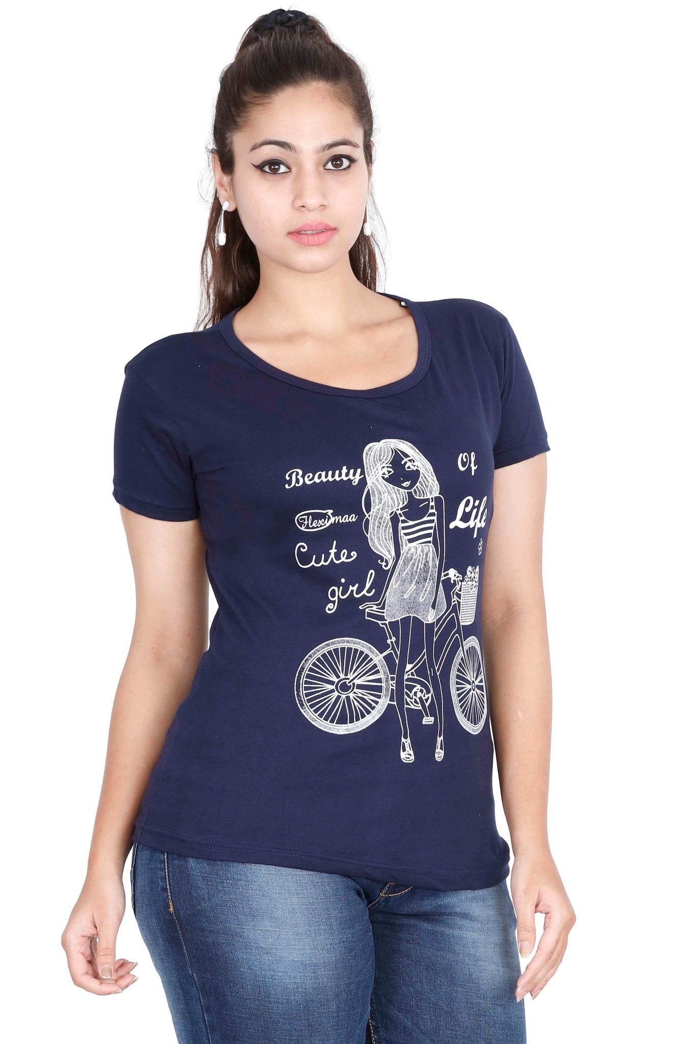 Women's Cotton Round Neck Printed Half Sleeve Navy Blue Color T-Shirt