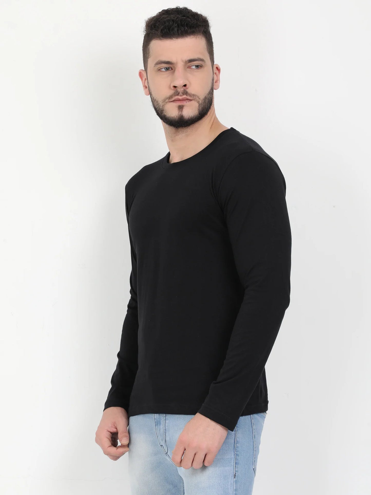 Men's Cotton Plain Round Neck Full Sleeve Black Color T-Shirt