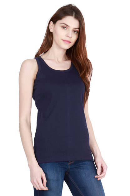 Women's Cotton Plain Sleeveless Navy Blue Color Top