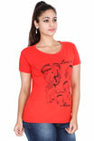 Women's Cotton Round Neck Printed Half Sleeve Coral Red Color T-Shirt