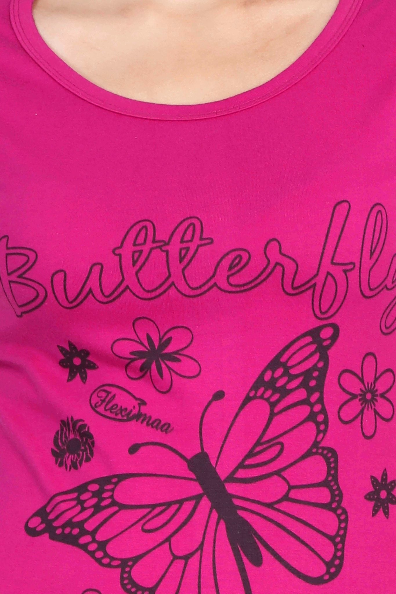 Women's Cotton Round Neck Printed Half Sleeve Magenta Color T-Shirt