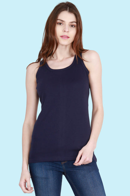 Women's Cotton Plain Sleeveless Navy Blue Color Top