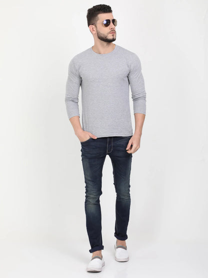 Men's Cotton Plain Round Neck Full Sleeve Grey Melange Color T-Shirt