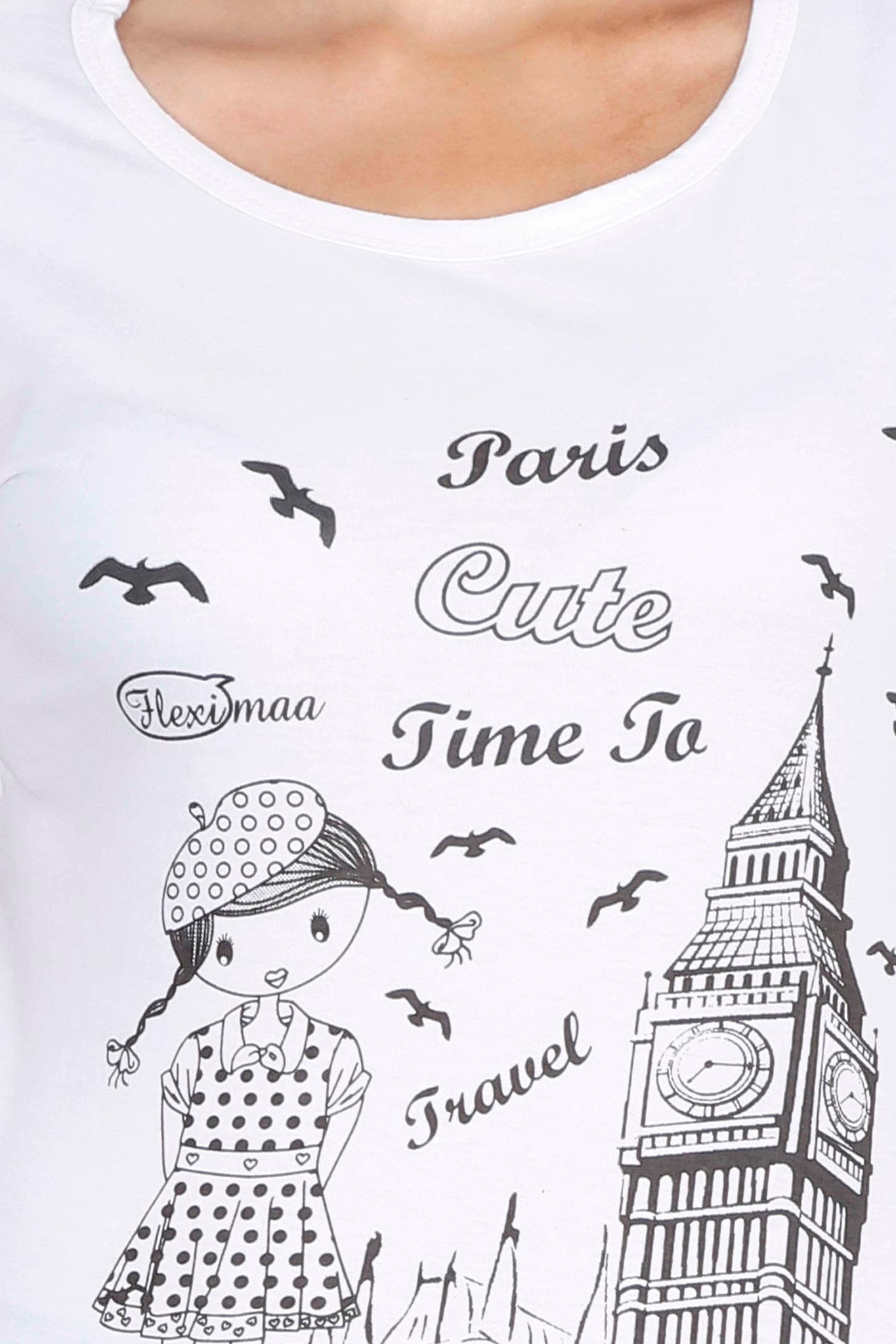 Women's Cotton Round Neck Printed Half Sleeve White Color T-Shirt