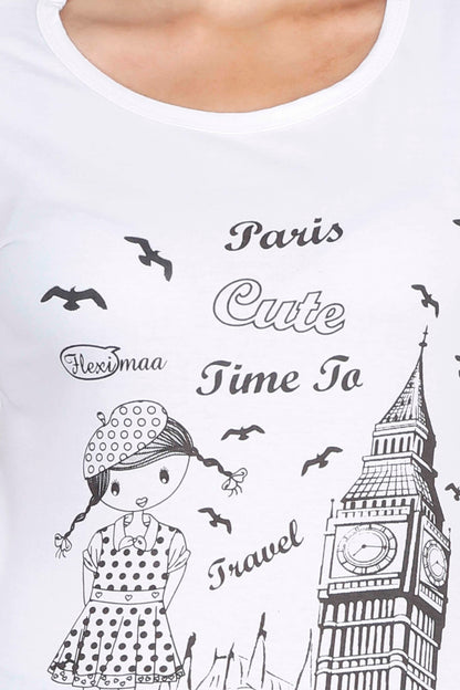 Women's Cotton Round Neck Printed Half Sleeve White Color T-Shirt
