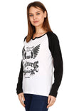 Women's Cotton Printed Raglan Full Sleeve Whiteblack Color T-Shirt