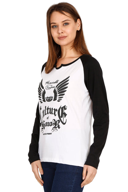 Women's Cotton Printed Raglan Full Sleeve Whiteblack Color T-Shirt