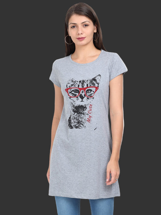 Women's Cotton Round Neck Printed Grey Melange Color Long Top