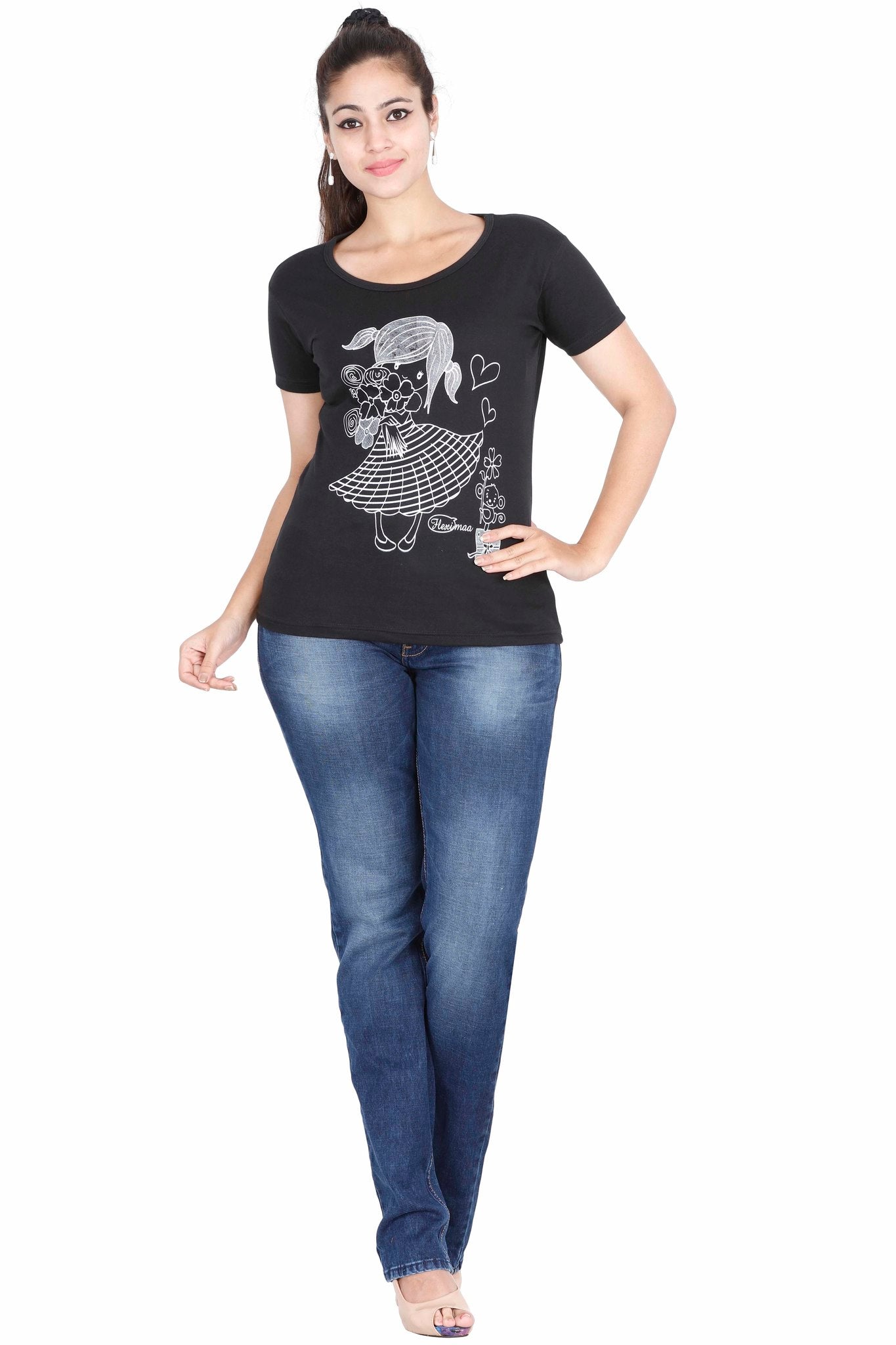 Women's Cotton Round Neck Printed Half Sleeve Black Color T-Shirt