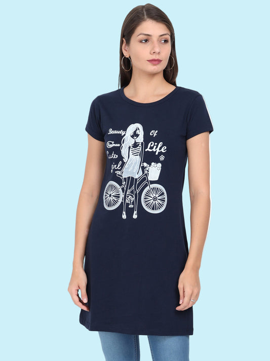 Women's Cotton Round Neck Printed Navy Blue Color Long Top